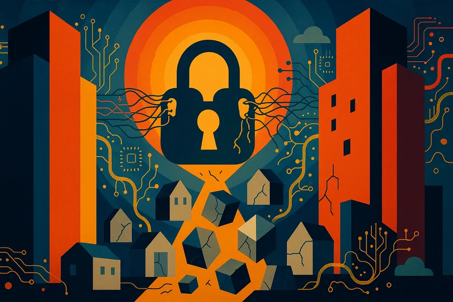 Two competing AI platform interfaces on a screen, separated by a locked door