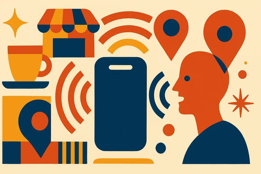 A person speaking a local search query into a smartphone assistant