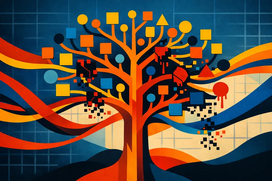 A software dependency tree showing a compromised package deep in the chain