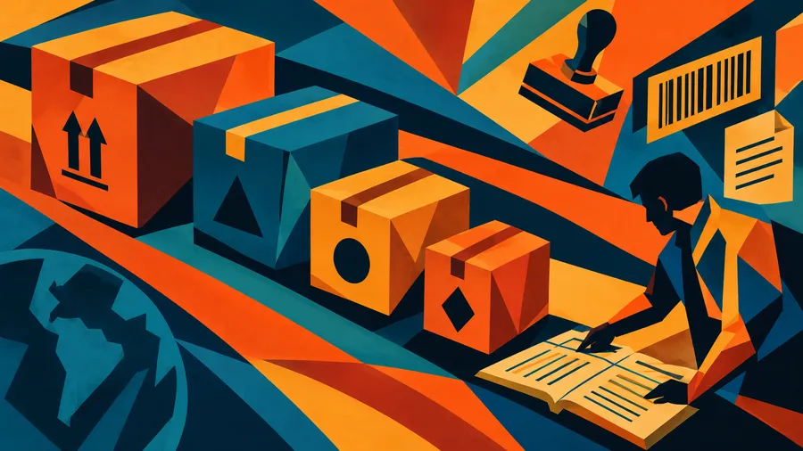 Four shipping boxes with different sorting symbols and a small figure consulting a ledger