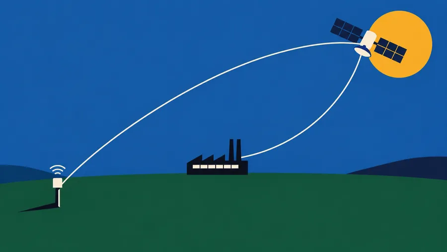 A sensor in a field connected to a satellite and a small factory by one continuous line